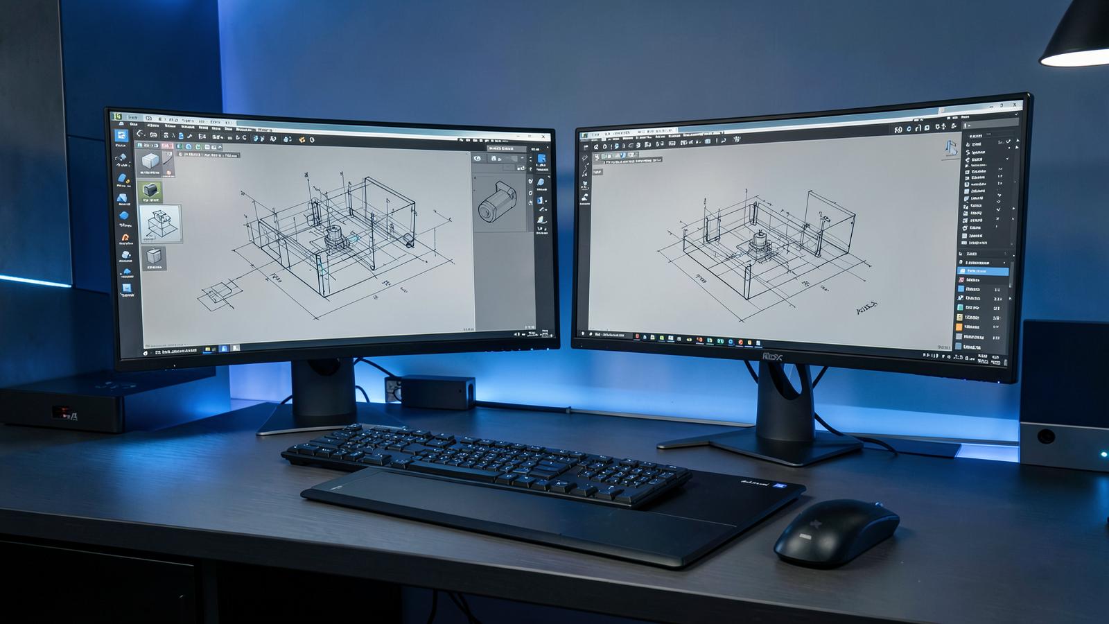 CAD workstation with dual professional monitors displaying engineering drawings